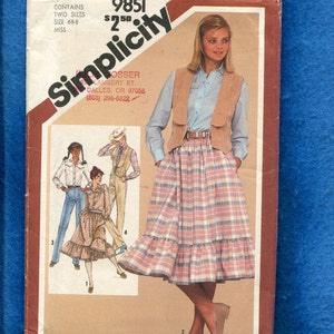 1980&#39;s Simplicity 9851 Country Western Shirt Vest Jeans & Skirt Sizes 6..8 UNCUT