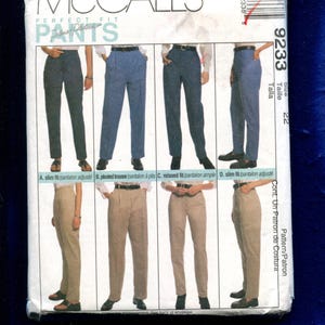 May include: A McCall's sewing pattern envelope featuring illustrations of various styles of pants. The styles include slim fit, pleated, and relaxed fit trousers. The envelope is white with the text "McCall's PERFECT FIT PANTS".