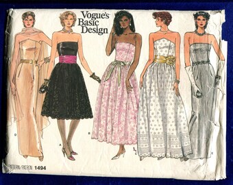 1980's Vogue 1494 Strapless Evening Dress with Full or Slim Skirt Size 6..8