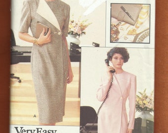 1980's Vogue 7470 Tapered Dress with Mock Wrap Front & Fold Over Single Lapel  Size 6-8-10 UNCUT