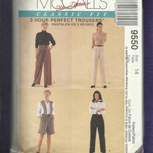 May include: McCall's Classic Fit sewing pattern for trousers. The pattern features multiple styles, including wide-leg pants and shorts. The package includes the text "3 Hour Perfect Trousers" and size 14.