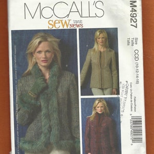 McCalls 4927 Princess Seam Lined Jackets Trimmed in Faux Fur Sizes 10 to 16 UNCUT