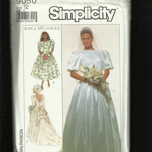 1989 Simplicity 9050 Designer Jessica McClintock Wedding Gown Size 12 UNCUT