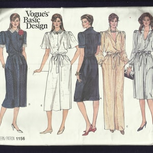 1980&#39;s Vogue 1156 Retro Classic Button Front Dress with Puff or Flutter Sleeves Sizes 8..10..12 UNCUT