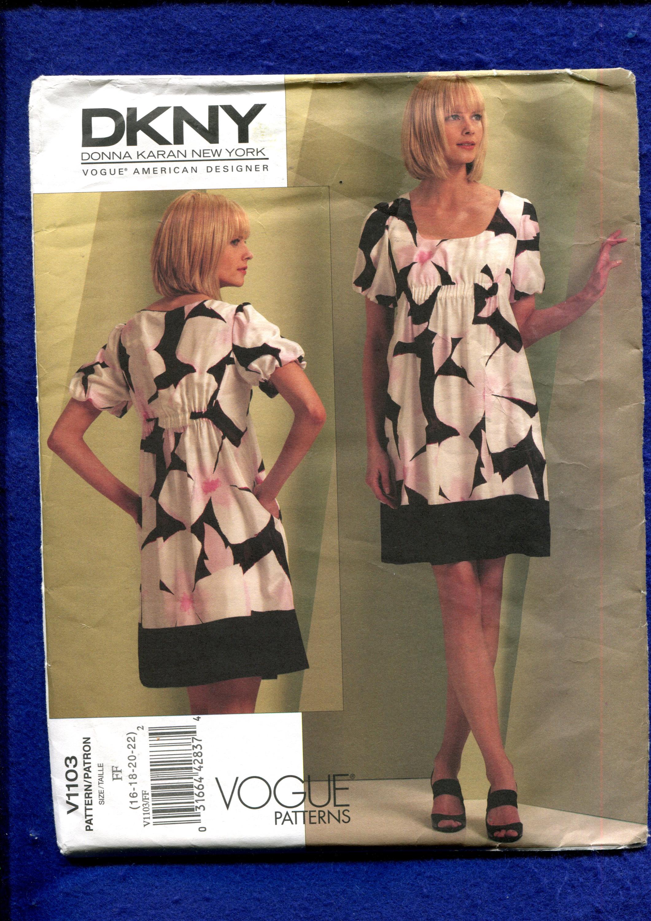 Vogue 1103 Designer Donna Karan NY Summer Time Empire Waist Dress Pattern Size 16 to 22 UNCUT