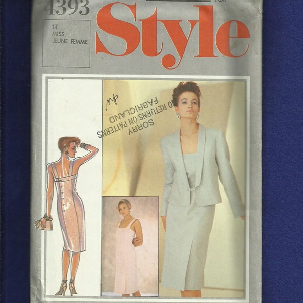 1985 Style 4393 Designer Bruce Oldfield Fitted Back Button Dress & Shawl Collar Jacket Size 14 UNCUT