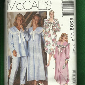 McCall&#39;s 6309 Cozy Nightgowns and Pajamas with Large Lace Trimmed Collars Sizes XL ..XXL UNCUT