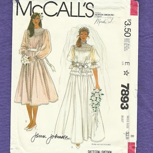 Vintage 1982 McCalls 7893 Wedding Dress with Smocking on the Bodice and Peplum  Size 8 UNCUT