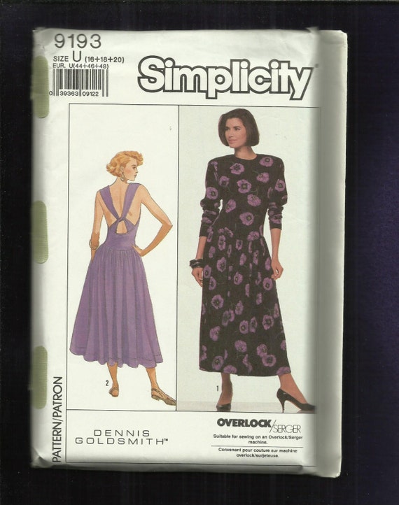 1984 Simplicity 9193 Designer Drop Waist Dress With Cross Back Straps Sizes  16..18..20 UNCUT 