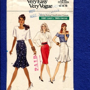 May include: Very Easy Very Vogue sewing pattern 7259. The pattern features illustrations of three different outfits: a white top with a floral skirt, a white wrap top with a red pencil skirt, and a striped top with a white skirt. Sizes 12-14-16.