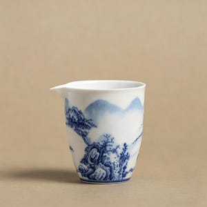 May include: A white porcelain tea pitcher with a blue landscape design. The design features mountains, trees, and other natural elements. The pitcher has a spout for easy pouring and is ideal for serving tea.