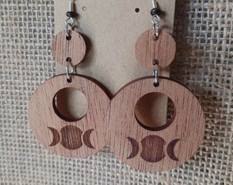 Eclipse Moon phase Earrings ~ Natural Wood Earrings ~ Lasercut Earrings ~ Wooden Boho Earrings ~ Bohemian ~ Witchy Earrings ~ Hippie vibes