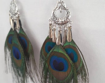 Peacock Feathers Chandelier Earrings - Lightweight Boho Peacock Eye Feather Festival Earrings - Made to Order