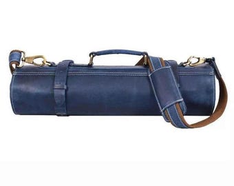 Blue Leather 10-Slot Knife Roll, Chef Storage Bag, Personalized Gift