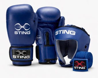 IBA Competition Approved Blue Sting Boxing Set Boxing Gloves Headgear & Hand Wraps All Sizes Available