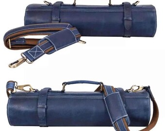 Blue Leather 10-Slot Knife Roll, Chef Storage Bag, Personalized Gift