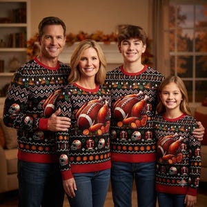 May include: Four matching black long-sleeve jumpers featuring a repeating pattern of footballs, helmets, and pumpkins. The centre of each jumper displays a large graphic of a roasted turkey and a football, finished with red trim at the neck.