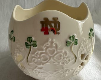 Belleek Ireland Notre Dame Shamrock Lace Pierced Votive Parian China ND Logo