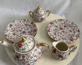 Vintage Rose Chintz Tea Set Japan - Teapot, Sugar, Creamer, 4 Plates - Gold Trim