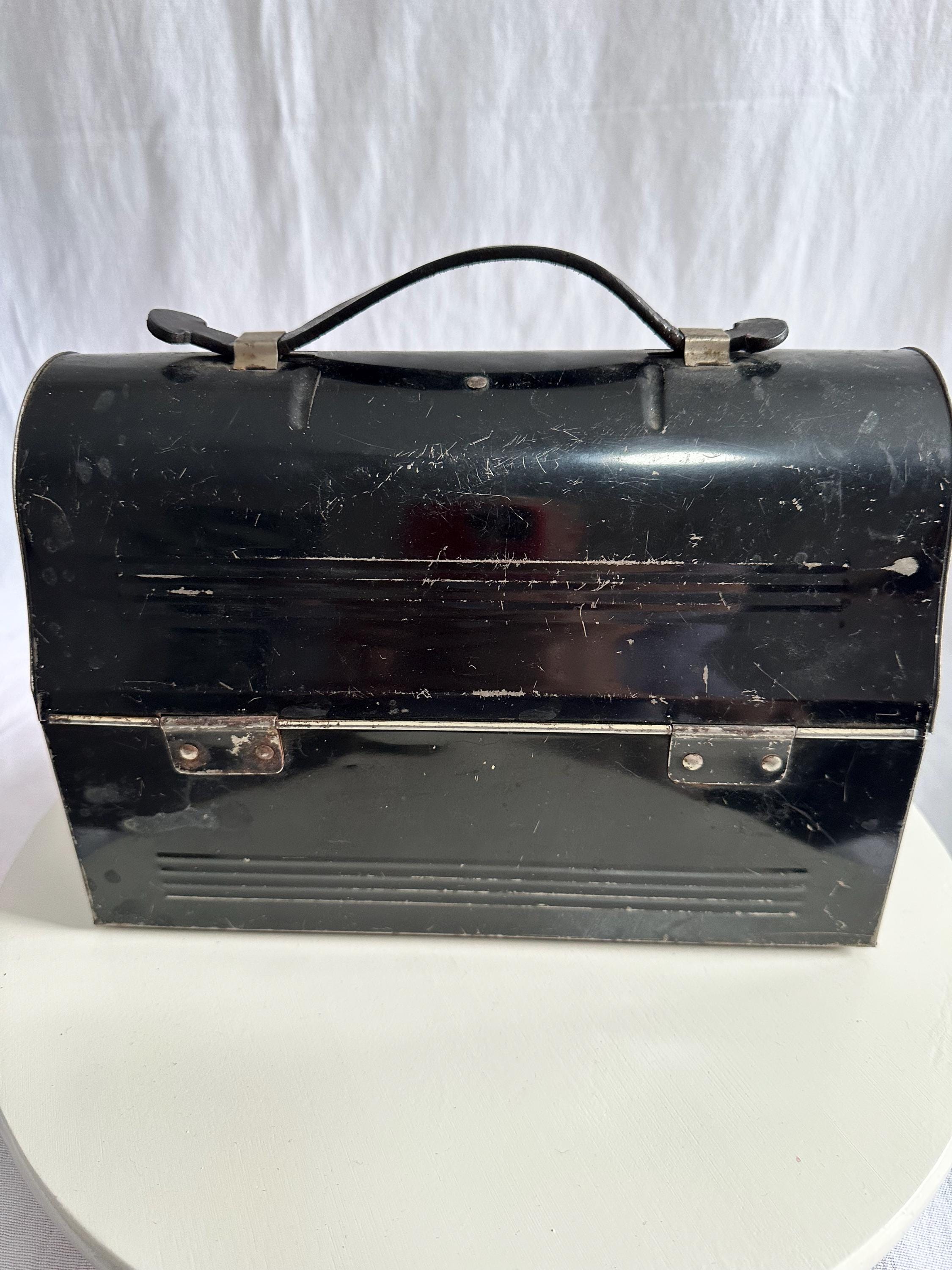 Vintage 1940s Black Dome Metal Lunch Box - Ivory Interior, Leather Handle