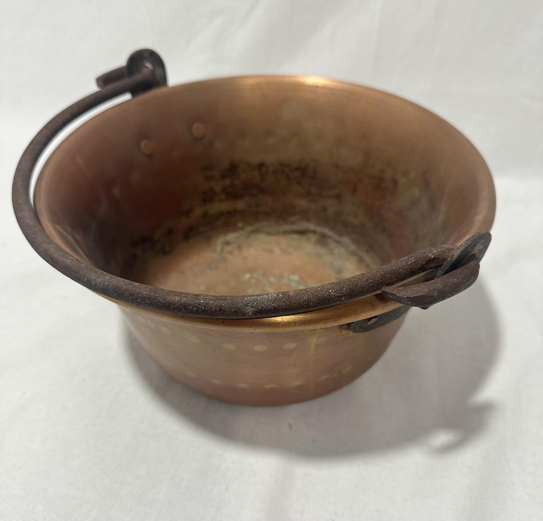 Antique Hand Hammered Copper Cauldron Pot - Wrought Iron Handle - 10.5 ...