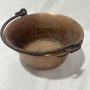 Antique Hand Hammered Copper Cauldron Pot - Wrought Iron Handle - 10.5" diameter