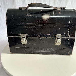 Vintage 1940s Black Dome Metal Lunch Box – Ivory Interior, Leather