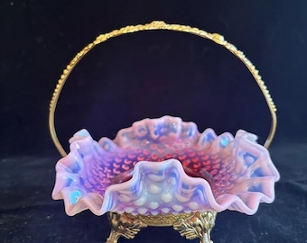 Antique Victorian Pink Opalescent Hobnail Bride's Basket – Ruffled Glass Bowl & Ornate Stand