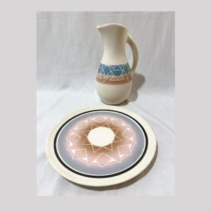 Vintage Sioux Pottery 11" Pitcher & 11" "Sun Rose" Plate Set - Signed Native American Art