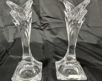 Vintage 7" loodkristallen kandelaars - blad met vierkante basis - per paar