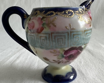 Vtg NIPPON Hand Painted Creamer - Cobalt Blue & Gold Greek Key - Pink Roses Moriage