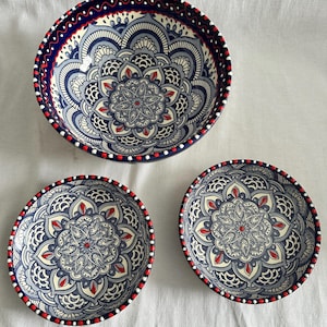 Del Rio Salado Spain Ceramic Bowl Set 3pc 10" Serving 7" Soup Salad Hand Painted
