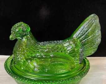 Vintage LG Wright Green Glass Hen on Nest - Split Tail - UV Uranium Glow 7"