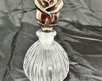Vintage Ribbed Crystal Perfume Bottle - Ornate Silver Rose Stopper - High Quality