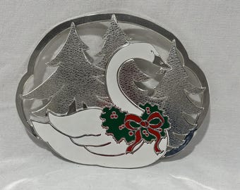 Vtg Wm. A. Rogers Holiday Swan Trivet Silverplate Enamel 1987 Oneida w/ Box