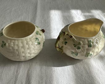 Vintage Belleek Ireland Shamrock Basketweave Creamer & Open Sugar Set - 6th Mark Green
