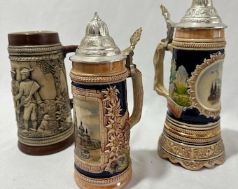 Lot von 3 Vintage deutsche Bierkrüge - 11 "Musikalische Schweizer Uhrwerk, 9,5" Fulda Dom, 8,5" Seidel