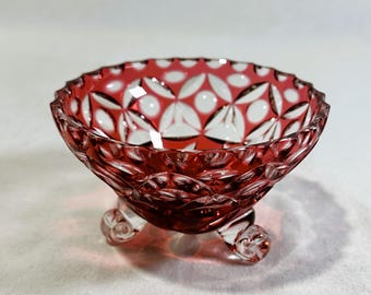 Vintage Ruby Red Cut to Clear Glass Footed Candy Bowl 3 Clear Scroll Feet 4.5"