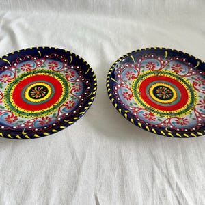 Pair of Del Rio Salado Spanish Art Pottery 8" Plates Hand Painted Raised Relief