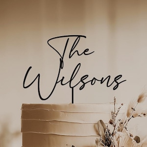 May include: A two-tiered wedding cake with textured white frosting and floral decorations. A black cake topper reads "The Wilsons". The cake is decorated with dried flowers and greenery, creating an elegant and rustic aesthetic.