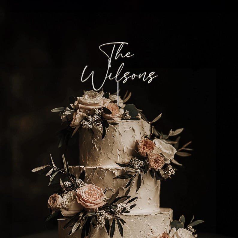 Custom Cake Topper for Wedding, Gold Wedding Cake Topper, Custom Name Cake Toppers, Rustic Wedding Decor, Anniversary Cake Topper Silver