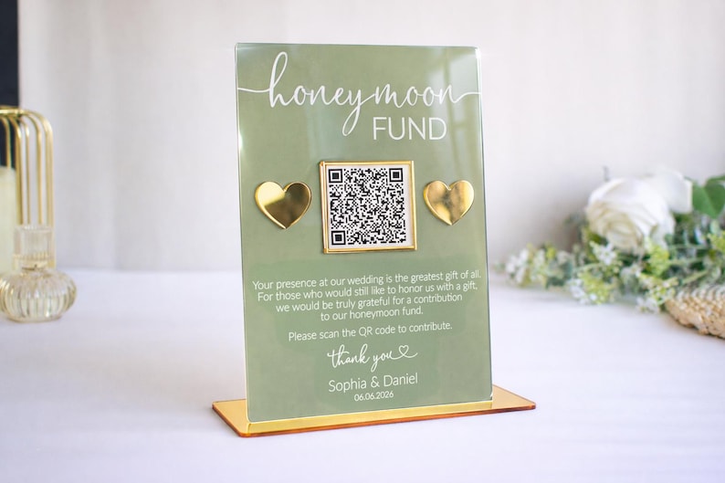 Honeymoon Fund Sign, Wedding Sign with QR Code, Personalized Wedding Sign, Future Fund Sign, Wedding Signage 画像 1