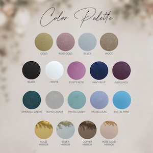 May include: A color palette chart featuring 18 color swatches. The colors include gold, rose gold, silver, wood, black, white, dusty rose, navy blue, burgundy, emerald green, boho cream, pastel green, pastel lilac, and pastel mint. The text "Color Palette" is at the top.