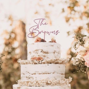 May include: A tiered white wedding cake with fig slices and a decorative topper that reads "The Browns" in a cursive font. The cake is decorated with small white flowers and sits in front of a blurred floral background.