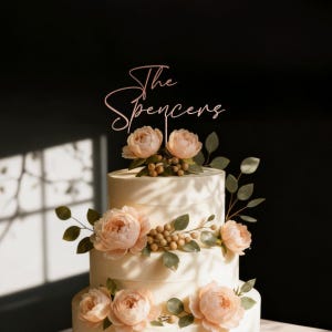 May include: A three-tiered wedding cake with peach-colored flowers and greenery. The cake is topped with a pink script cake topper that reads "The Spencers". The cake is decorated with peach-colored roses and small, round, golden berries.