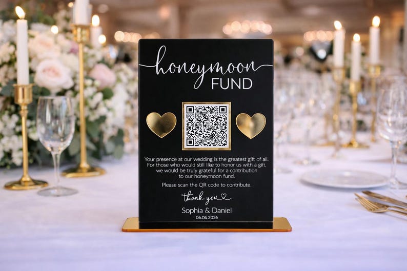 Honeymoon Fund Sign, Wedding Sign with QR Code, Personalized Wedding Sign, Future Fund Sign, Wedding Signage 画像 2
