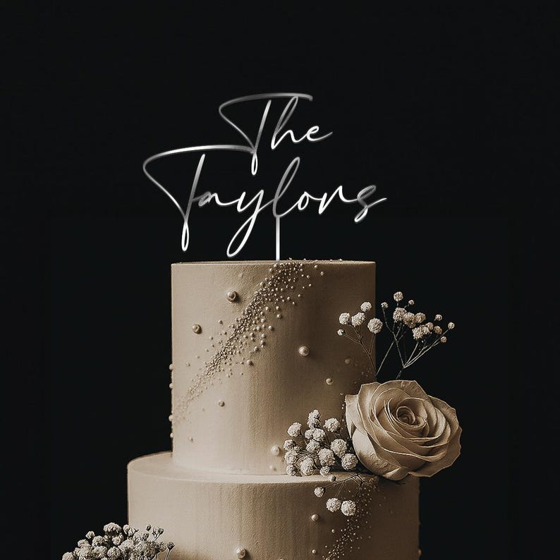 Custom Cake Topper for Wedding, Gold Wedding Cake Topper, Custom Name Cake Toppers, Rustic Wedding Decor, Anniversary Cake Topper Silver Mirror