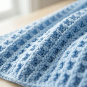 May include: Close-up of a light blue knitted blanket. The blanket has a textured, waffle-like pattern. The soft, cozy material is folded, creating shadows and highlighting the intricate stitch work. The blanket is likely made of wool or a similar yarn.
