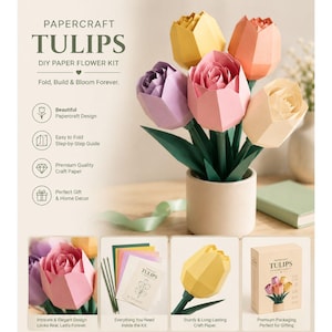 Tulips Papercraft, DIY Paper Flower Bouquet, 3D Tulip Paper Craft, Cricut & Silhouette Cut Files
