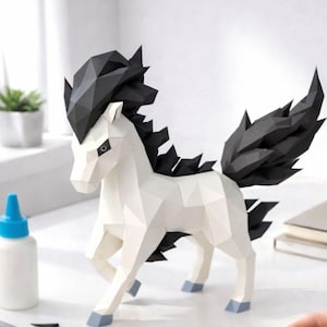 May include: A white papercraft horse with black mane and tail. The geometric design features sharp angles and a polygonal aesthetic. The horse is posed mid-stride, with blue-gray hooves and a detailed, angular head.